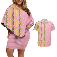 Hawaii Shell Tiare Anthurium Heliconia Lei Couples Matching Off Shoulder Short Dress and Hawaiian Shirt With Tapa Pattern Baby Pink