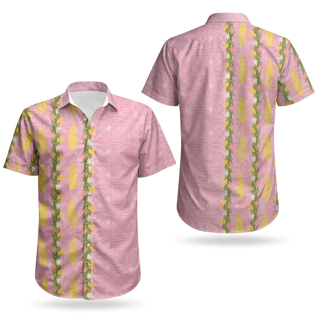 Hawaii Shell Tiare Anthurium Heliconia Lei Couples Matching Off Shoulder Short Dress and Hawaiian Shirt With Tapa Pattern Baby Pink LT05 - Polynesian Pride