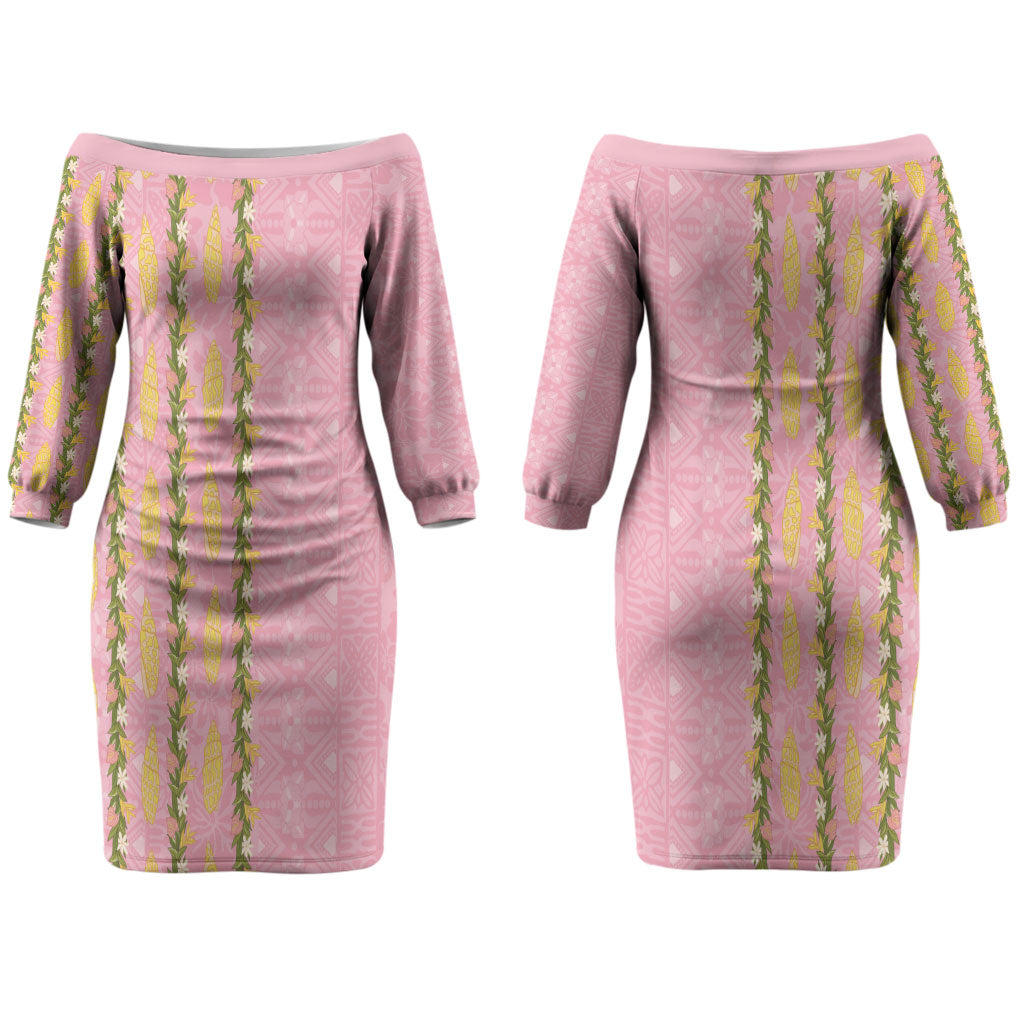 Hawaii Shell Tiare Anthurium Heliconia Lei Couples Matching Off The Shoulder Long Sleeve Dress and Long Sleeve Button Shirt With Tapa Pattern Baby Pink LT05 - Polynesian Pride