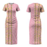 Hawaii Shell Tiare Anthurium Heliconia Lei Couples Matching Short Sleeve Bodycon Dress and Hawaiian Shirt With Tapa Pattern Baby Pink LT05 - Polynesian Pride
