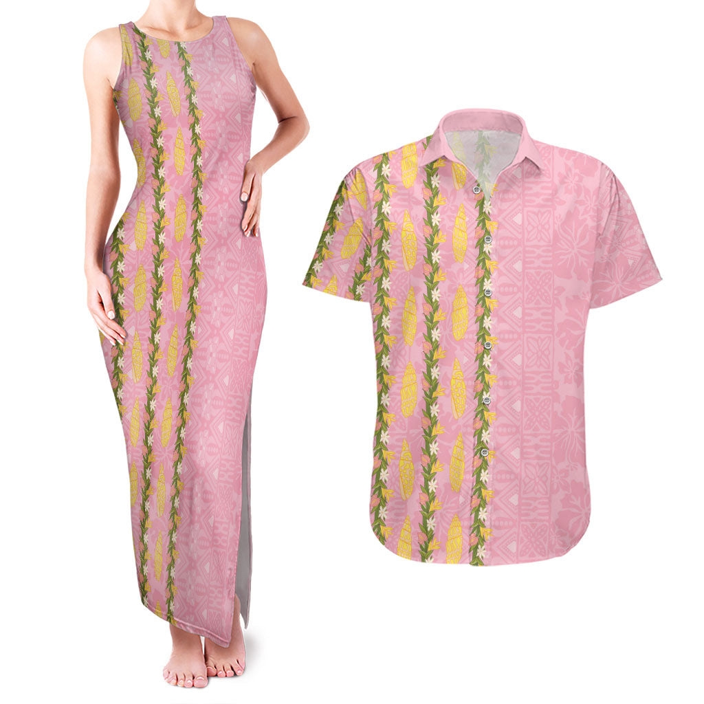 Hawaii Shell Tiare Anthurium Heliconia Lei Couples Matching Tank Maxi Dress and Hawaiian Shirt With Tapa Pattern Baby Pink