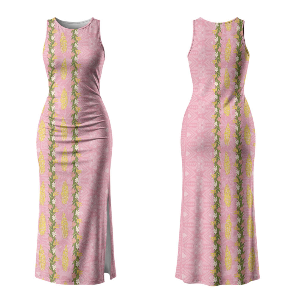 Hawaii Shell Tiare Anthurium Heliconia Lei Couples Matching Tank Maxi Dress and Hawaiian Shirt With Tapa Pattern Baby Pink LT05 - Polynesian Pride