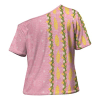 Hawaii Shell Tiare Anthurium Heliconia Lei Cross Shoulder Shirt With Tapa Pattern Baby Pink