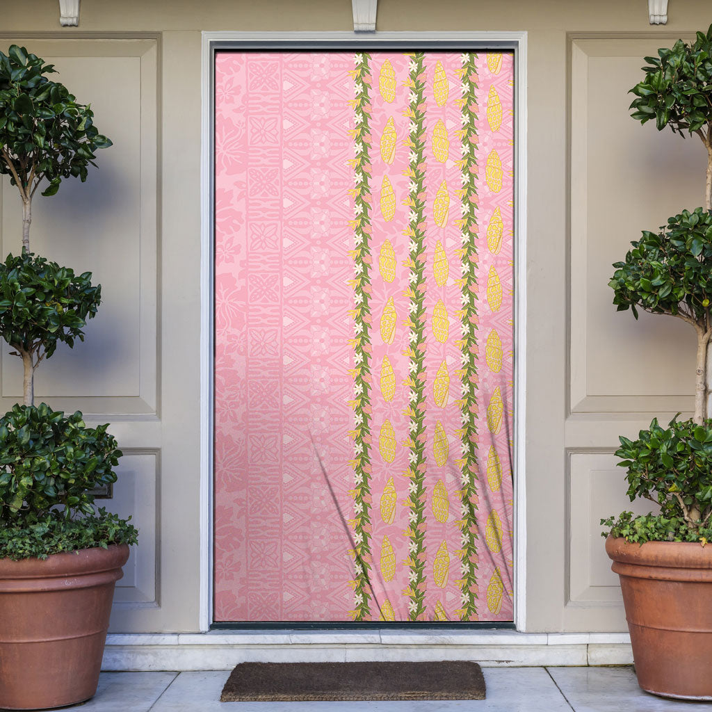 Hawaii Shell Tiare Anthurium Heliconia Lei Door Cover With Tapa Pattern Baby Pink