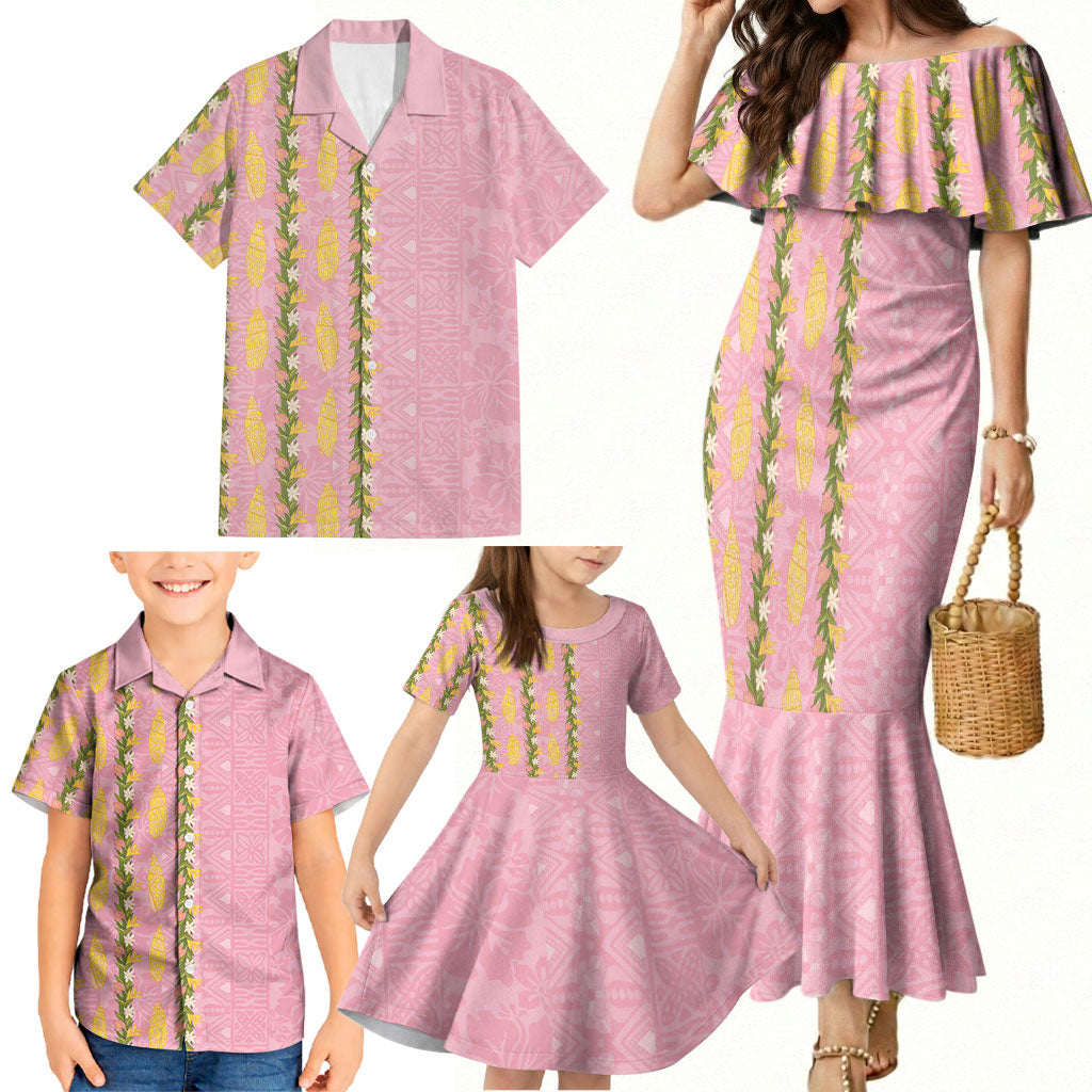 Hawaii Shell Tiare Anthurium Heliconia Lei Family Matching Mermaid Dress and Hawaiian Shirt With Tapa Pattern Baby Pink LT05 - Polynesian Pride