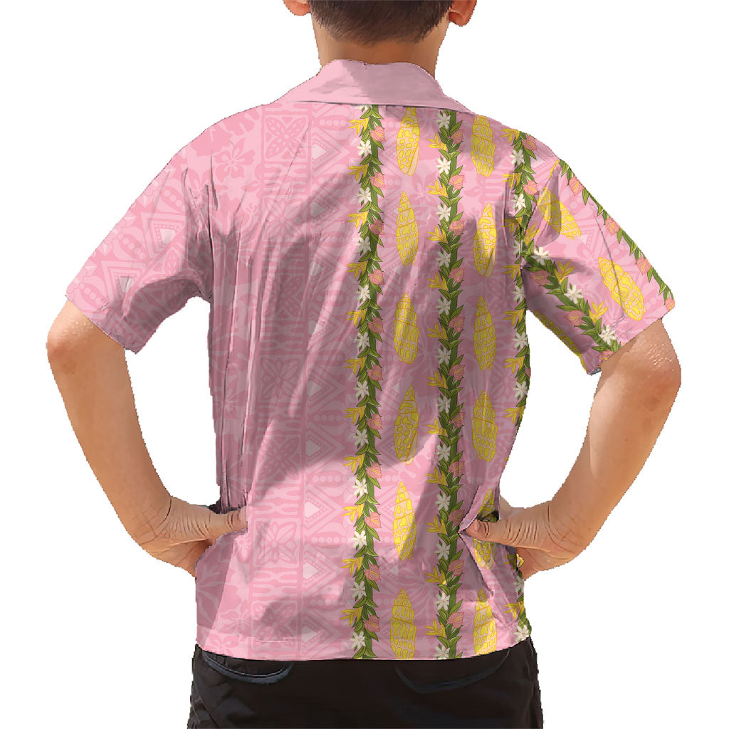Hawaii Shell Tiare Anthurium Heliconia Lei Family Matching Off Shoulder Maxi Dress and Hawaiian Shirt With Tapa Pattern Baby Pink