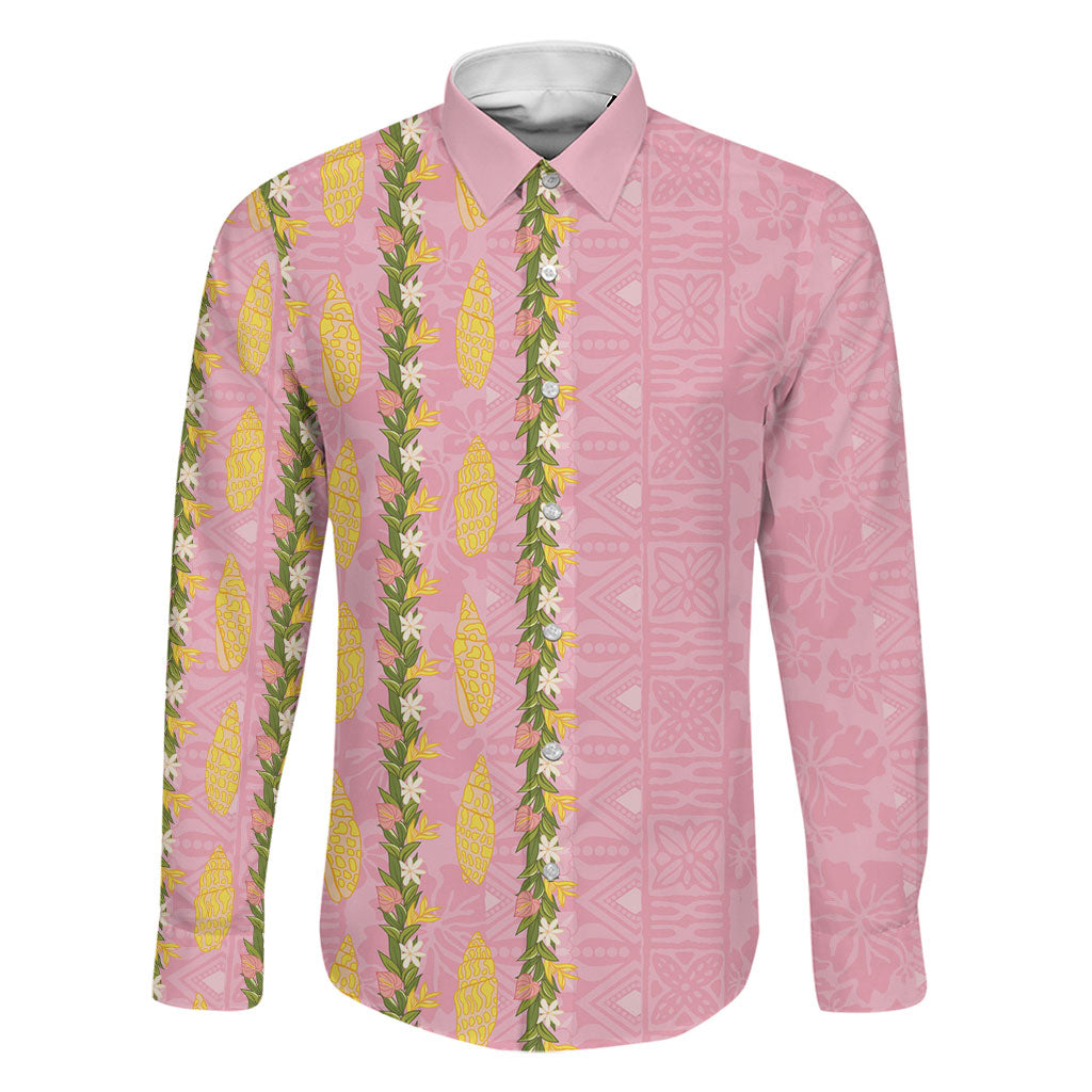 Hawaii Shell Tiare Anthurium Heliconia Lei Family Matching Off Shoulder Maxi Dress and Hawaiian Shirt With Tapa Pattern Baby Pink