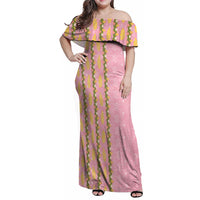Hawaii Shell Tiare Anthurium Heliconia Lei Family Matching Off Shoulder Maxi Dress and Hawaiian Shirt With Tapa Pattern Baby Pink