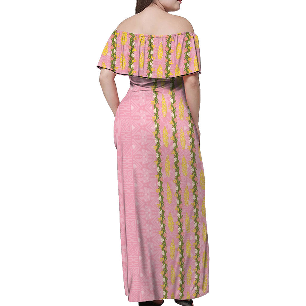 Hawaii Shell Tiare Anthurium Heliconia Lei Family Matching Off Shoulder Maxi Dress and Hawaiian Shirt With Tapa Pattern Baby Pink