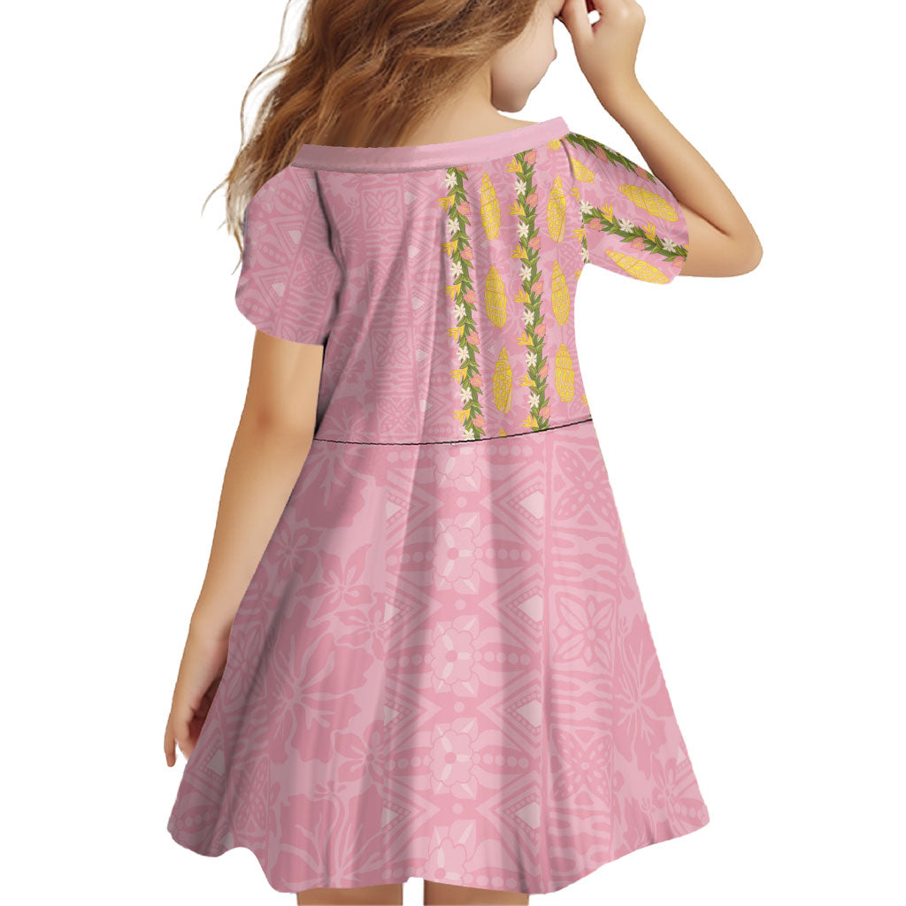 Hawaii Shell Tiare Anthurium Heliconia Lei Family Matching Off Shoulder Short Dress and Hawaiian Shirt With Tapa Pattern Baby Pink
