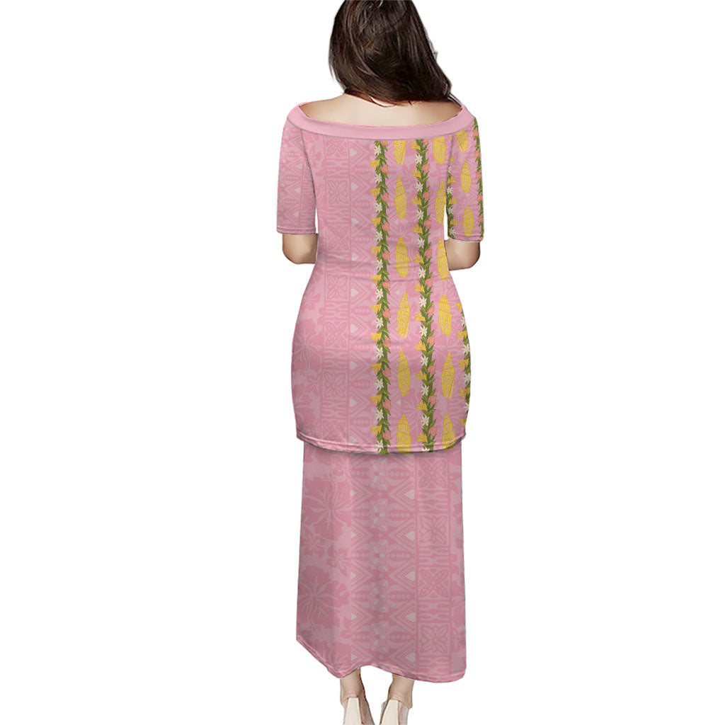 Hawaii Shell Tiare Anthurium Heliconia Lei Family Matching Puletasi and Hawaiian Shirt With Tapa Pattern Baby Pink