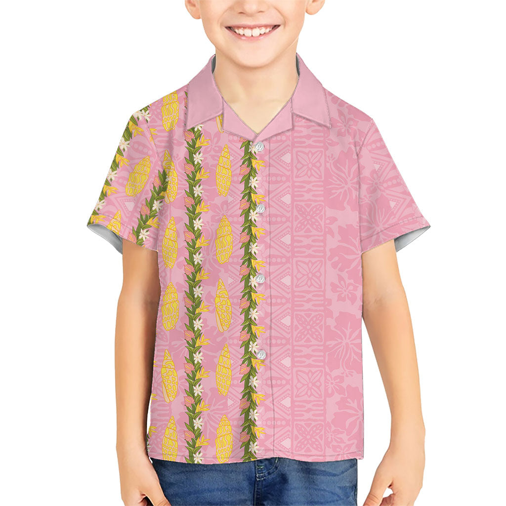 Hawaii Shell Tiare Anthurium Heliconia Lei Family Matching Short Sleeve Bodycon Dress and Hawaiian Shirt With Tapa Pattern Baby Pink