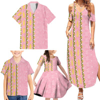 Hawaii Shell Tiare Anthurium Heliconia Lei Family Matching Summer Maxi Dress and Hawaiian Shirt With Tapa Pattern Baby Pink