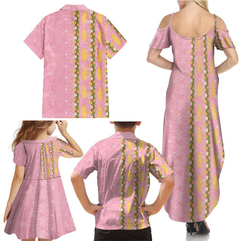 Hawaii Shell Tiare Anthurium Heliconia Lei Family Matching Summer Maxi Dress and Hawaiian Shirt With Tapa Pattern Baby Pink
