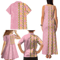 Hawaii Shell Tiare Anthurium Heliconia Lei Family Matching Tank Maxi Dress and Hawaiian Shirt With Tapa Pattern Baby Pink