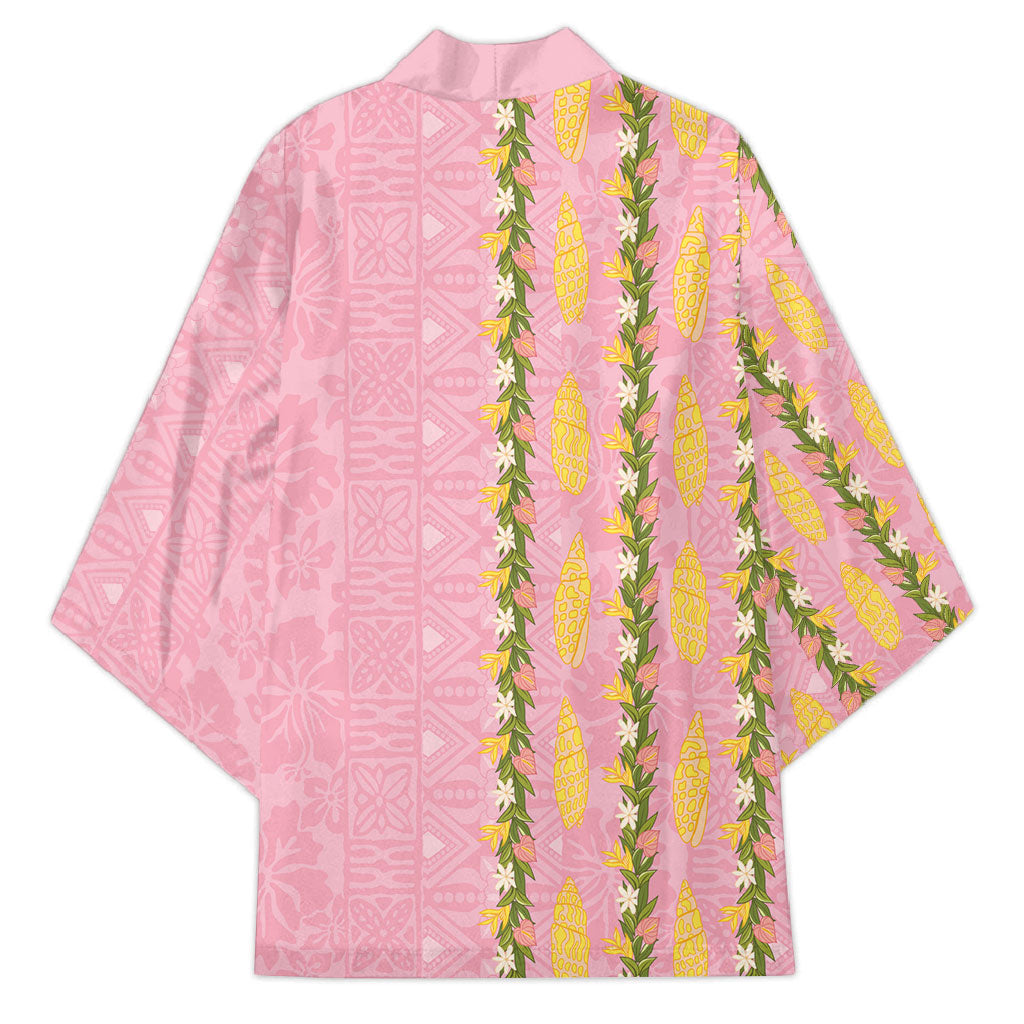 Hawaii Shell Tiare Anthurium Heliconia Lei Kimono With Tapa Pattern Baby Pink