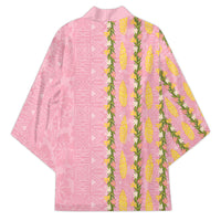 Hawaii Shell Tiare Anthurium Heliconia Lei Kimono With Tapa Pattern Baby Pink