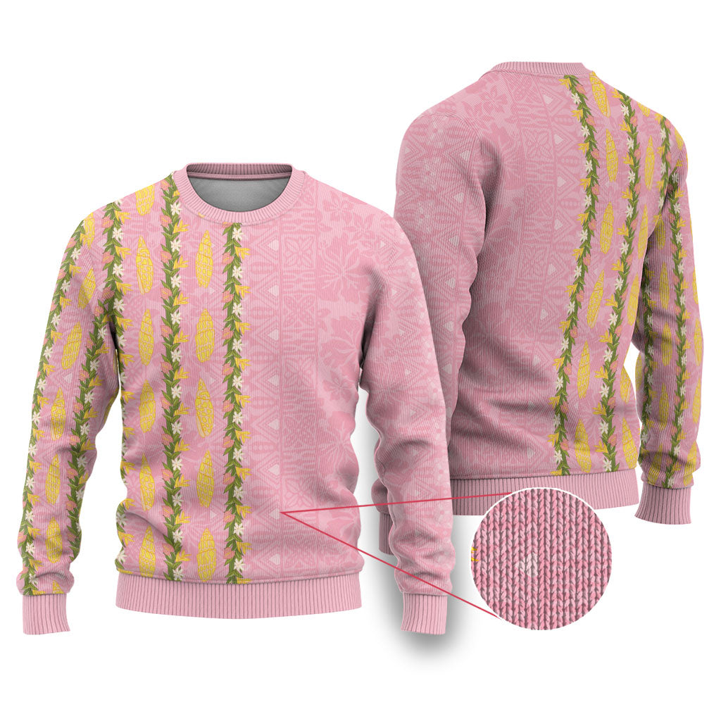 Hawaii Shell Tiare Anthurium Heliconia Lei Ugly Christmas Sweater With Tapa Pattern Baby Pink LT05 Pink - Polynesian Pride