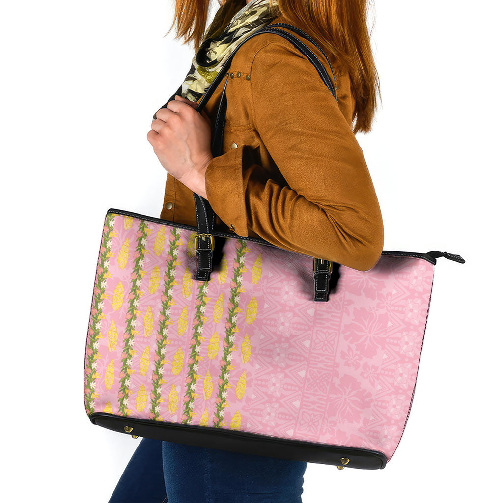 Hawaii Shell Tiare Anthurium Heliconia Lei Leather Tote Bag With Tapa Pattern Baby Pink
