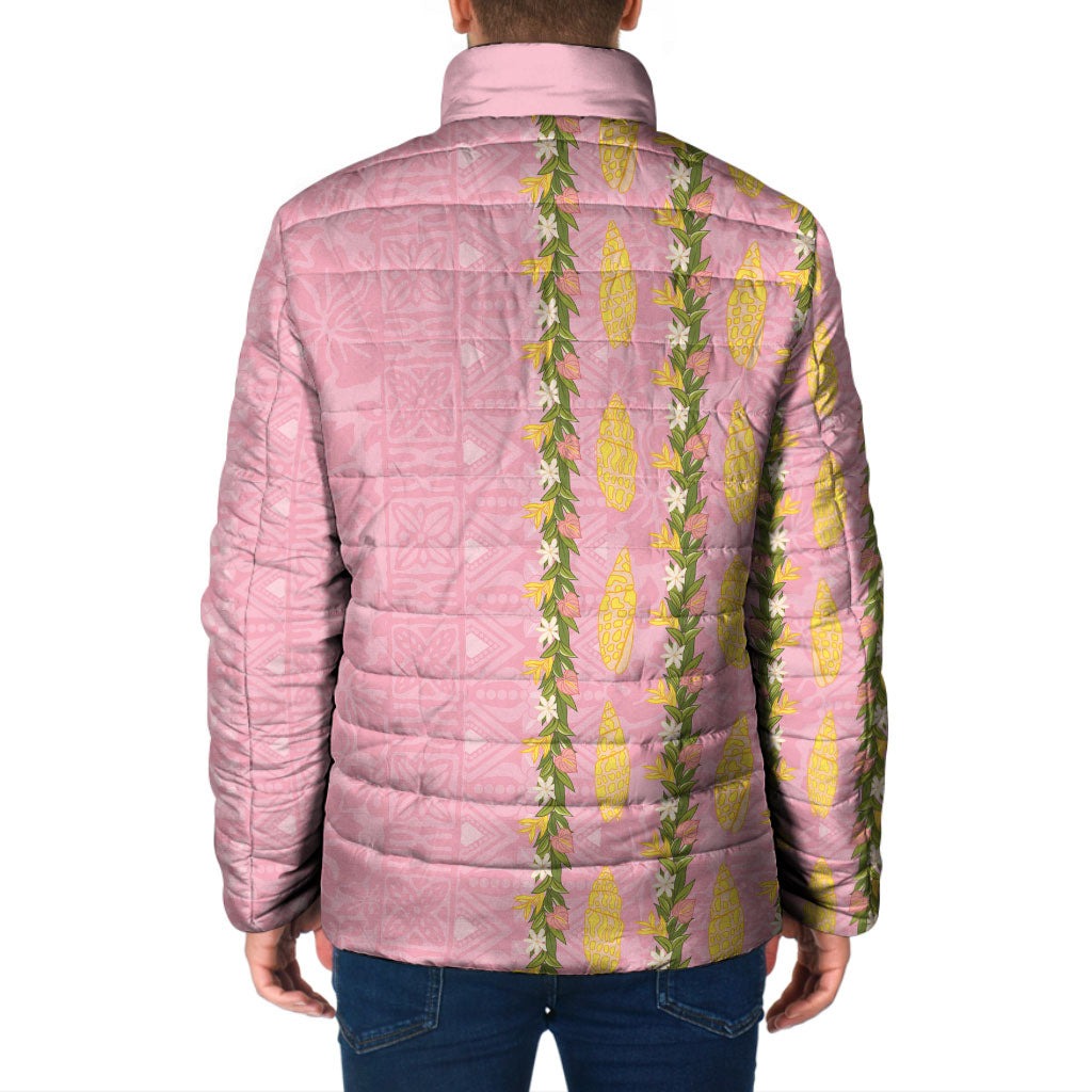 Hawaii Shell Tiare Anthurium Heliconia Lei Padded Jacket With Tapa Pattern Baby Pink