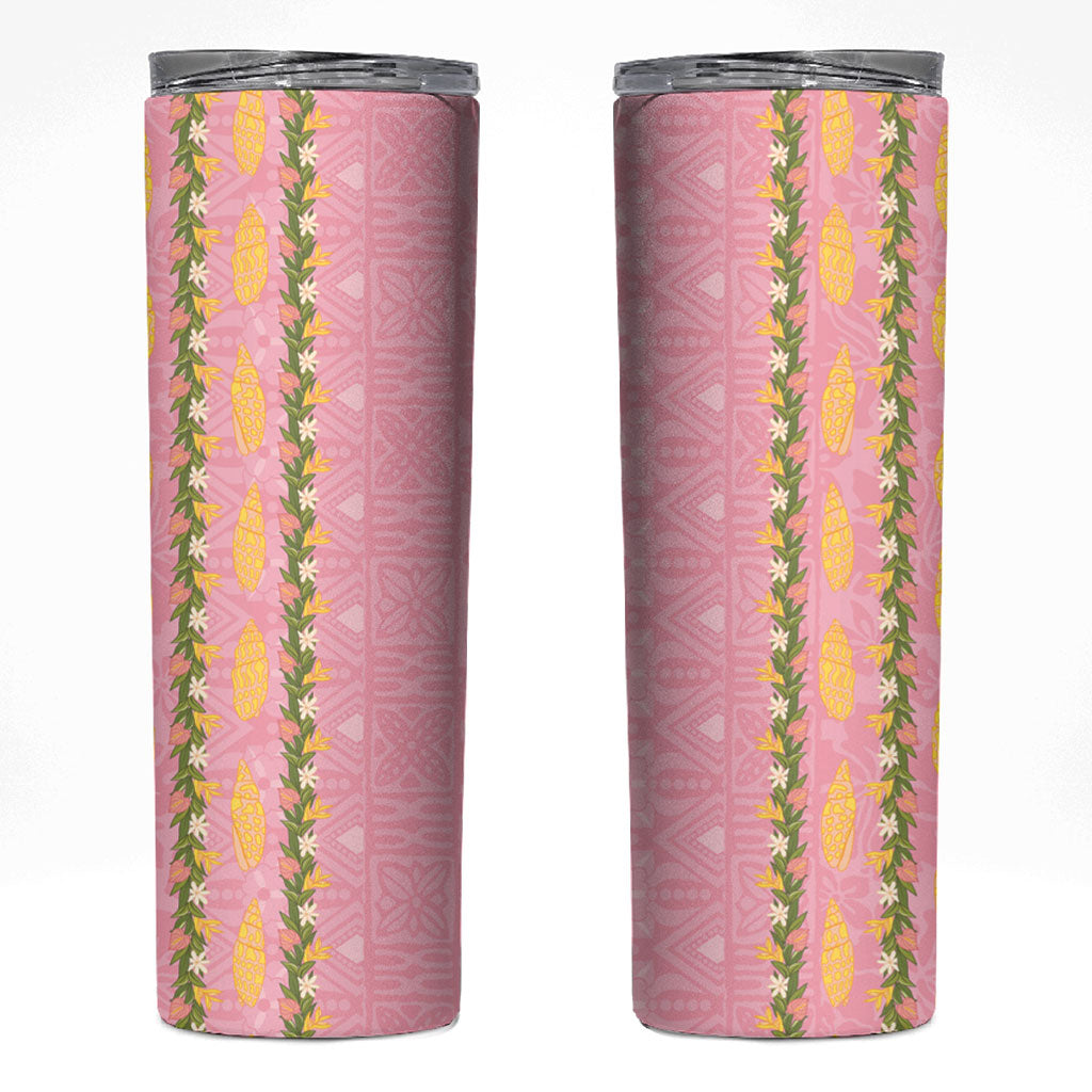 Hawaii Shell Tiare Anthurium Heliconia Lei Skinny Tumbler With Tapa Pattern Baby Pink