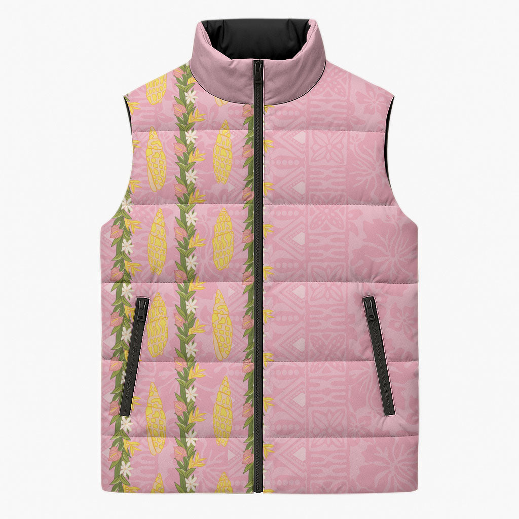 Hawaii Shell Tiare Anthurium Heliconia Lei Sleeveless Puffer Jacket With Tapa Pattern Baby Pink