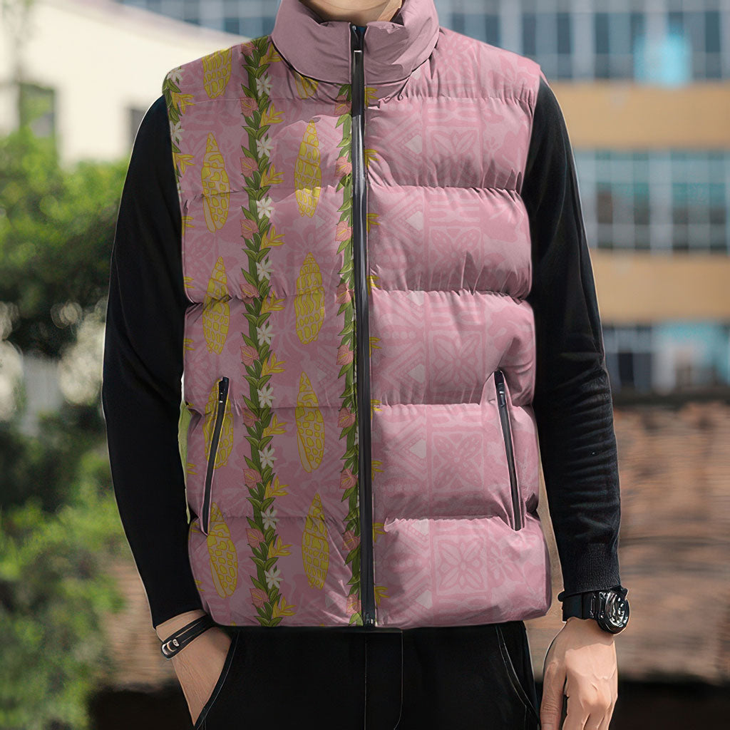 Hawaii Shell Tiare Anthurium Heliconia Lei Sleeveless Puffer Jacket With Tapa Pattern Baby Pink