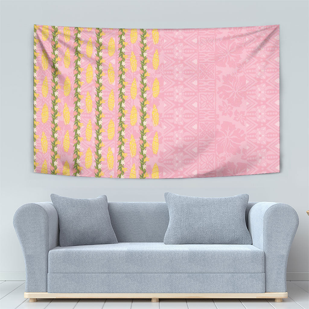 Hawaii Shell Tiare Anthurium Heliconia Lei Tapestry With Tapa Pattern Baby Pink