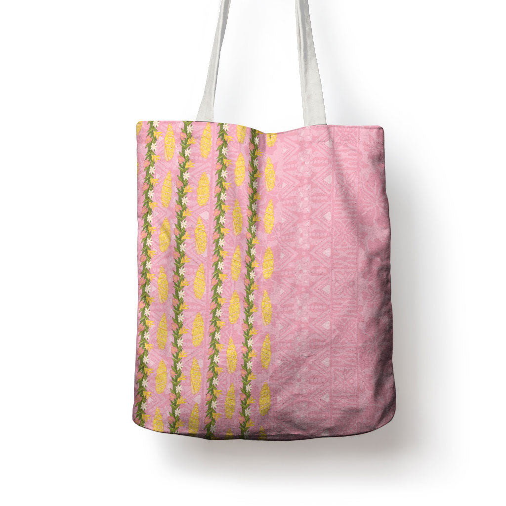 Hawaii Shell Tiare Anthurium Heliconia Lei Tote Bag With Tapa Pattern Baby Pink
