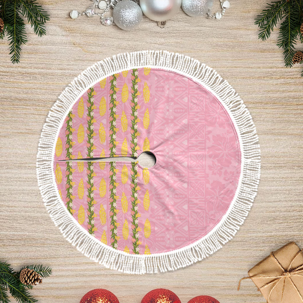 Hawaii Shell Tiare Anthurium Heliconia Lei Tree Skirt With Tapa Pattern Baby Pink LT05 Fringed Pink - Polynesian Pride