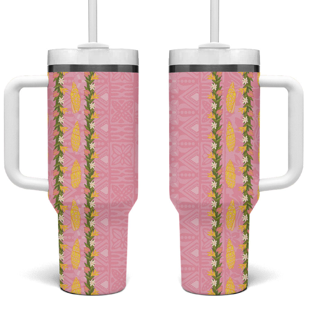 Hawaii Shell Tiare Anthurium Heliconia Lei Tumbler With Handle With Tapa Pattern Baby Pink