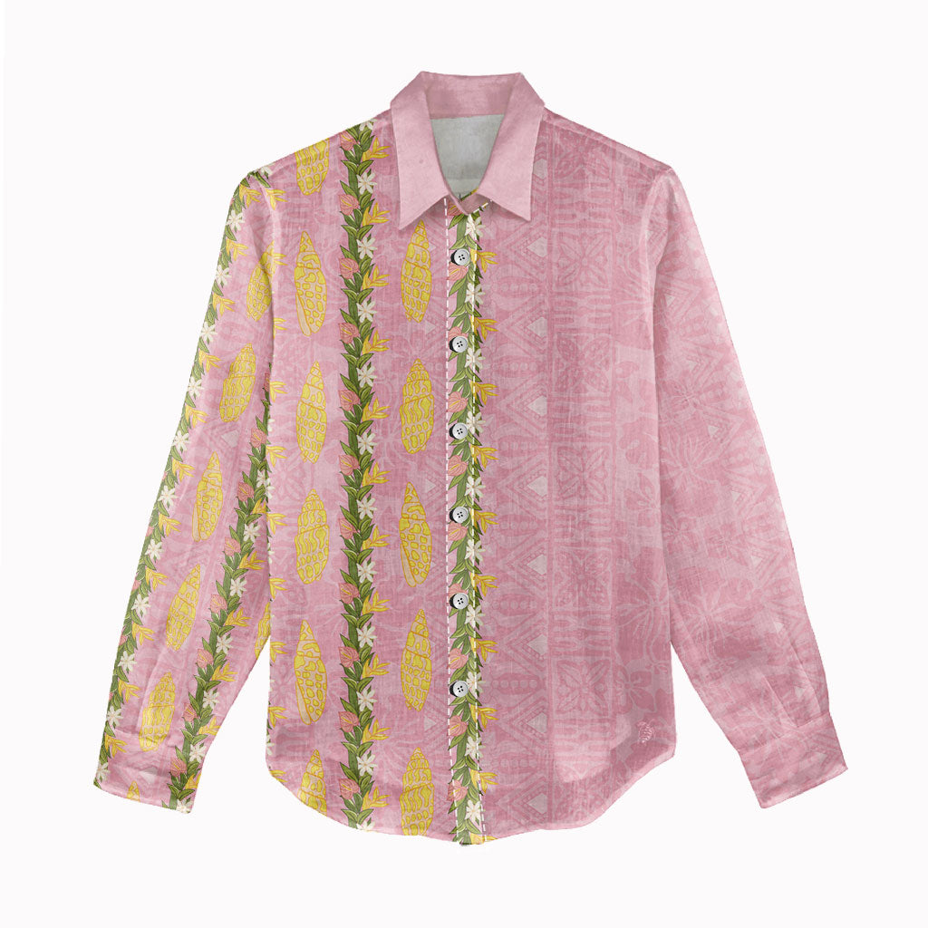 Hawaii Shell Tiare Anthurium Heliconia Lei Women Casual Shirt With Tapa Pattern Baby Pink