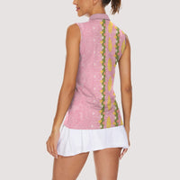 Hawaii Shell Tiare Anthurium Heliconia Lei Women Sleeveless Polo Shirt With Tapa Pattern Baby Pink