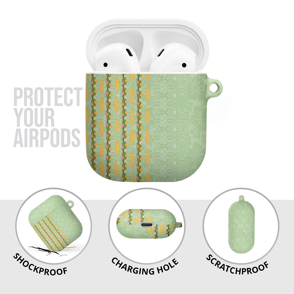 Hawaii Shell Tiare Anthurium Heliconia Lei AirPods Case With Tapa Pattern Baby Green