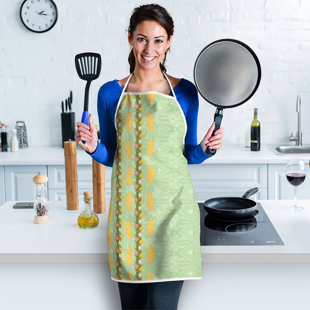 Hawaii Shell Tiare Anthurium Heliconia Lei Apron With Tapa Pattern Baby Green
