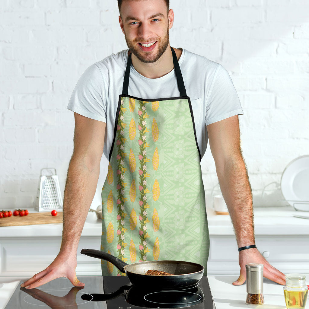 Hawaii Shell Tiare Anthurium Heliconia Lei Apron With Tapa Pattern Baby Green