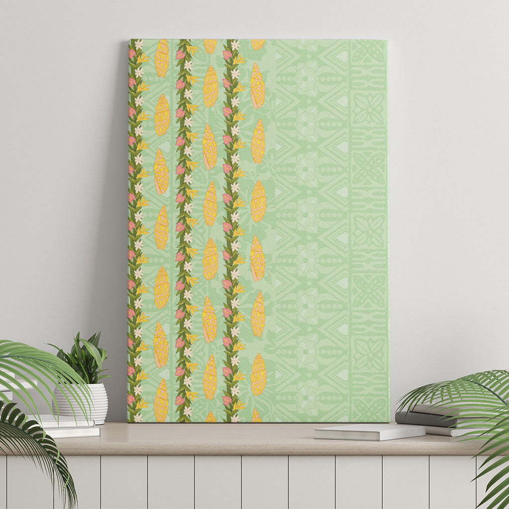 Hawaii Shell Tiare Anthurium Heliconia Lei Canvas Wall Art With Tapa Pattern Baby Green