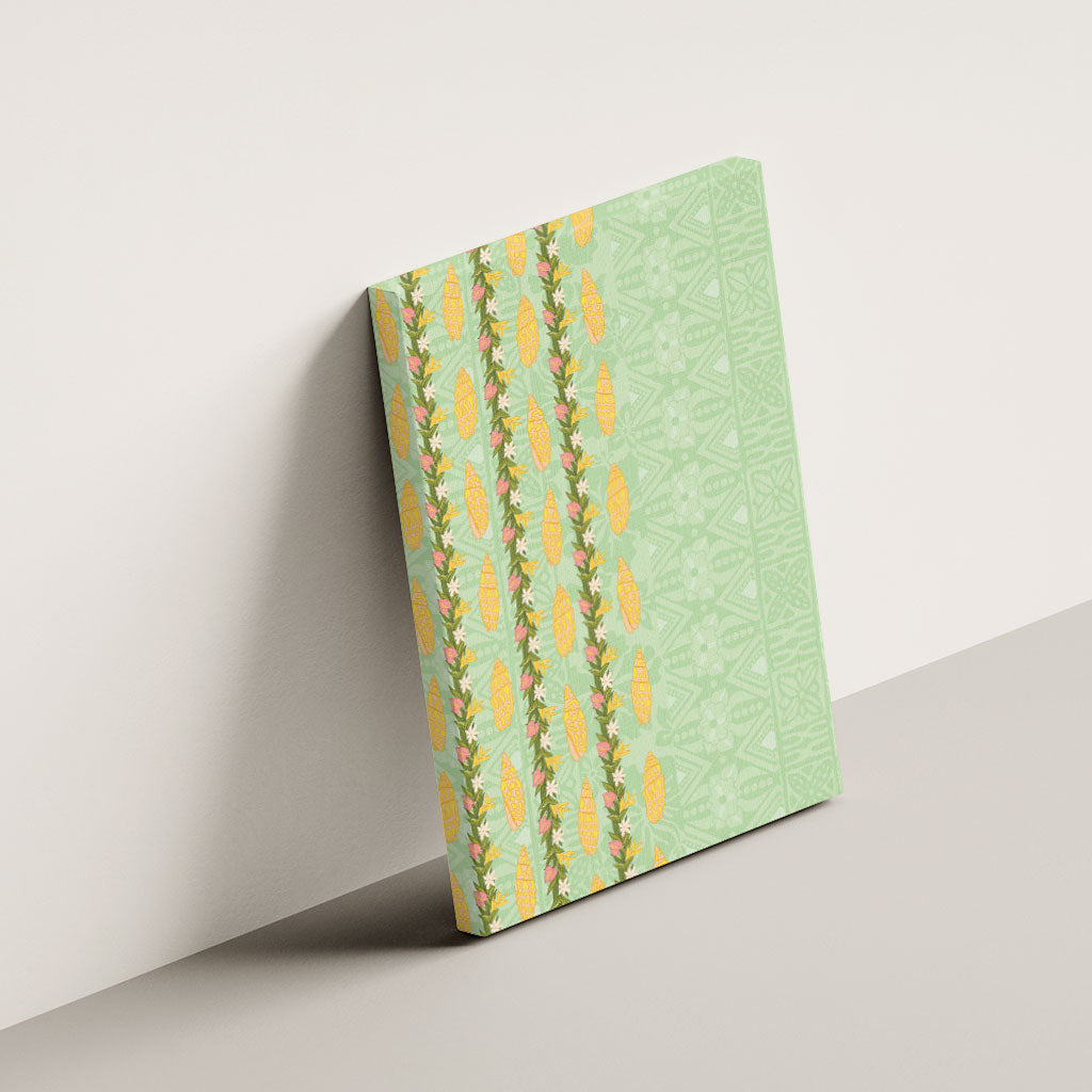 Hawaii Shell Tiare Anthurium Heliconia Lei Canvas Wall Art With Tapa Pattern Baby Green