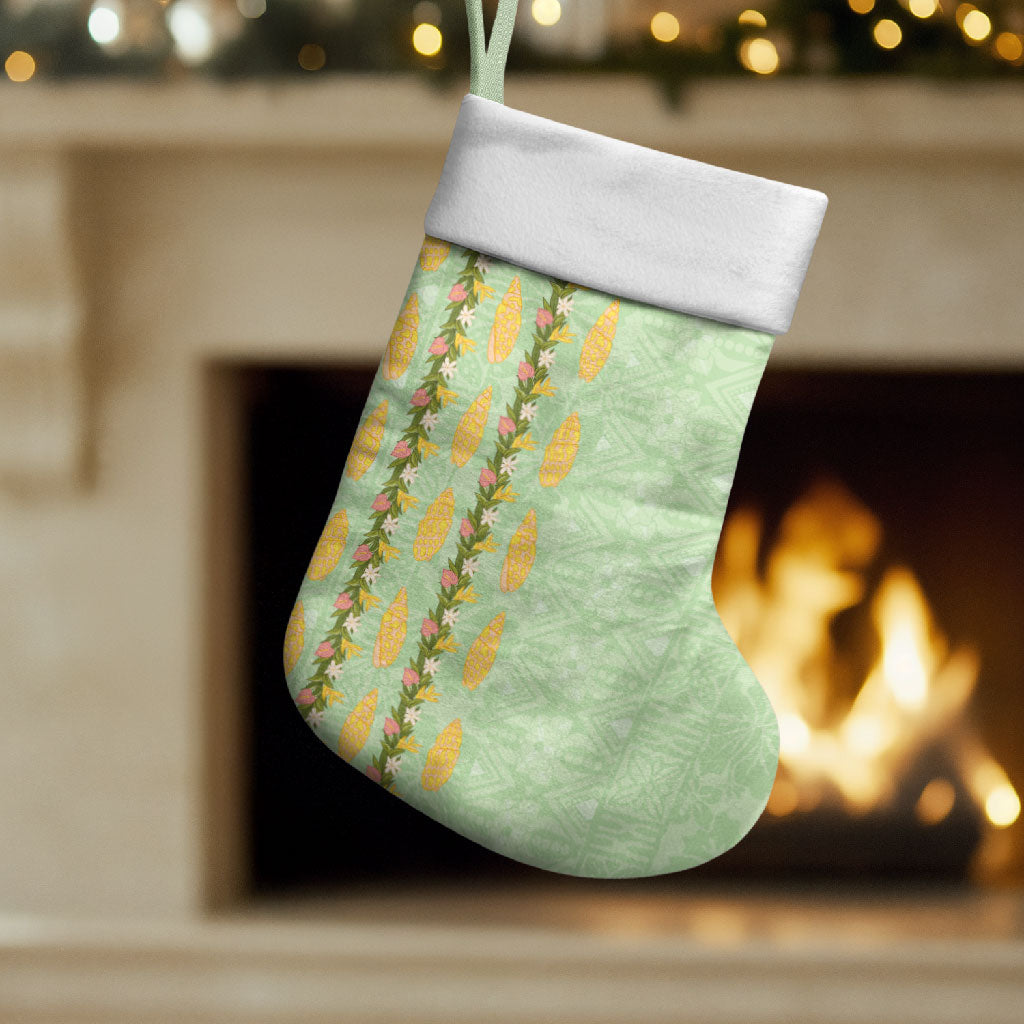 Hawaii Shell Tiare Anthurium Heliconia Lei Christmas Stocking With Tapa Pattern Baby Green LT05 Set of 2 Green - Polynesian Pride
