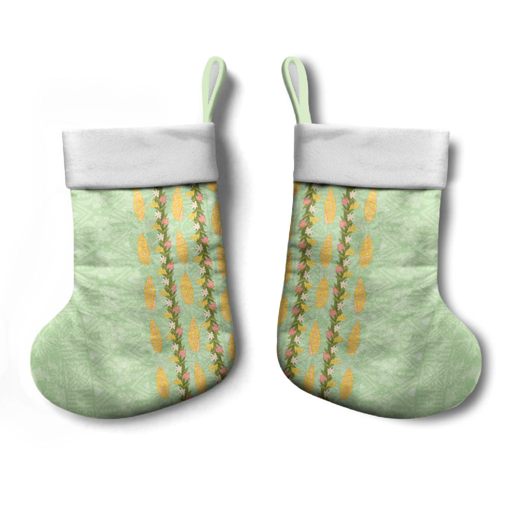 Hawaii Shell Tiare Anthurium Heliconia Lei Christmas Stocking With Tapa Pattern Baby Green LT05 - Polynesian Pride