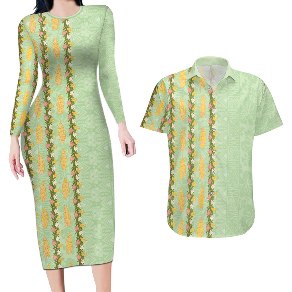 Hawaii Shell Tiare Anthurium Heliconia Lei Couples Matching Long Sleeve Bodycon Dress and Hawaiian Shirt With Tapa Pattern Baby Green