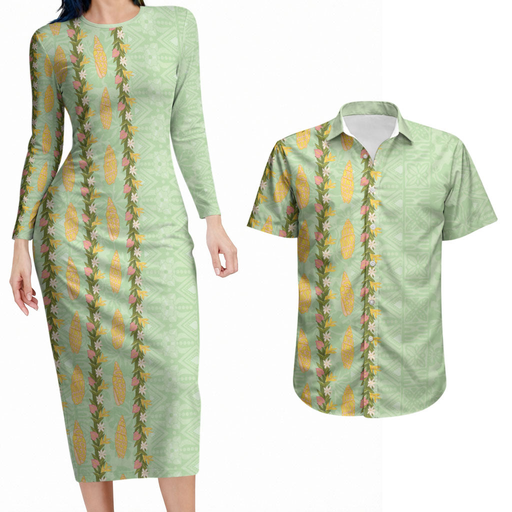 Hawaii Shell Tiare Anthurium Heliconia Lei Couples Matching Long Sleeve Bodycon Dress and Hawaiian Shirt With Tapa Pattern Baby Green LT05 Green - Polynesian Pride