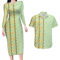 Hawaii Shell Tiare Anthurium Heliconia Lei Couples Matching Long Sleeve Bodycon Dress and Hawaiian Shirt With Tapa Pattern Baby Green