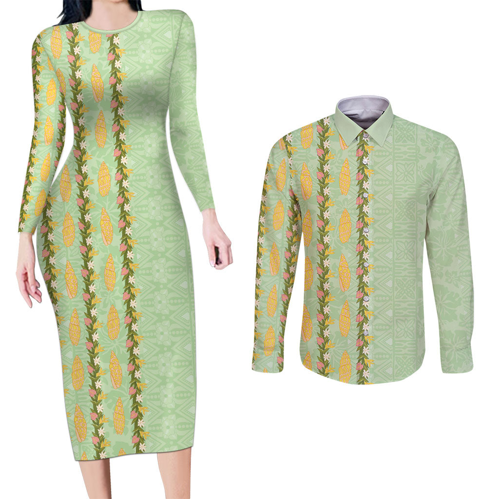Hawaii Shell Tiare Anthurium Heliconia Lei Couples Matching Long Sleeve Bodycon Dress and Long Sleeve Button Shirt With Tapa Pattern Baby Green