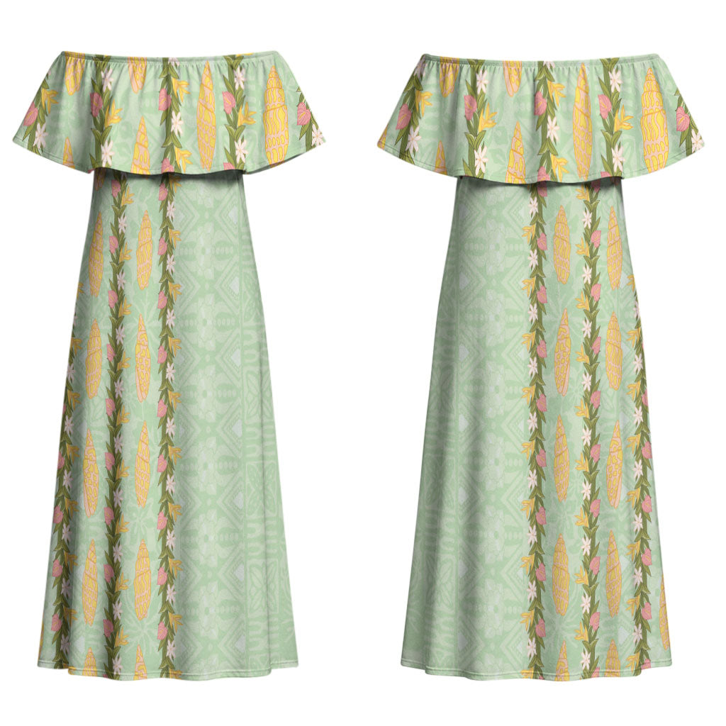 Hawaii Shell Tiare Anthurium Heliconia Lei Couples Matching Off Shoulder Maxi Dress and Hawaiian Shirt With Tapa Pattern Baby Green LT05 - Polynesian Pride
