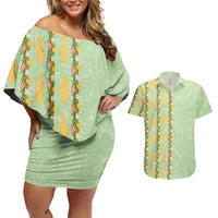 Hawaii Shell Tiare Anthurium Heliconia Lei Couples Matching Off Shoulder Short Dress and Hawaiian Shirt With Tapa Pattern Baby Green