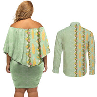 Hawaii Shell Tiare Anthurium Heliconia Lei Couples Matching Off Shoulder Short Dress and Long Sleeve Button Shirt With Tapa Pattern Baby Green