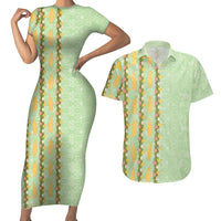Hawaii Shell Tiare Anthurium Heliconia Lei Couples Matching Short Sleeve Bodycon Dress and Hawaiian Shirt With Tapa Pattern Baby Green