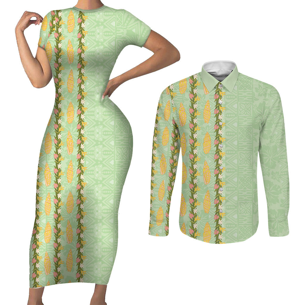 Hawaii Shell Tiare Anthurium Heliconia Lei Couples Matching Short Sleeve Bodycon Dress and Long Sleeve Button Shirt With Tapa Pattern Baby Green
