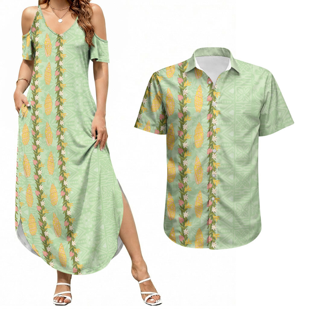 Hawaii Shell Tiare Anthurium Heliconia Lei Couples Matching Summer Maxi Dress and Hawaiian Shirt With Tapa Pattern Baby Green LT05 Green - Polynesian Pride
